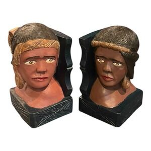 Rustic Wood Carved Tribal Figural Women Sculptures Bookends Pair Set